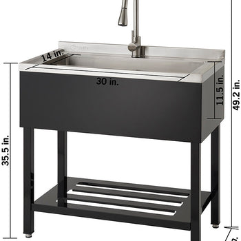 A freestanding stainless steel utility sink with a single bowl and a tall, curved faucet, depicted with dimensional measurements labeled in inches. The sink features a black base with a lower shelf composed of horizontal slats.