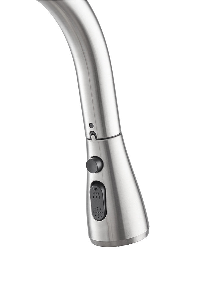 A close-up shot of a stainless steel kitchen faucet head, focusing on the curved spout and the buttons on the side. The buttons are dark gray with small raised dots, likely for different spray settings.