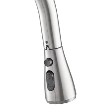 A close-up shot of a stainless steel kitchen faucet head, focusing on the curved spout and the buttons on the side. The buttons are dark gray with small raised dots, likely for different spray settings.