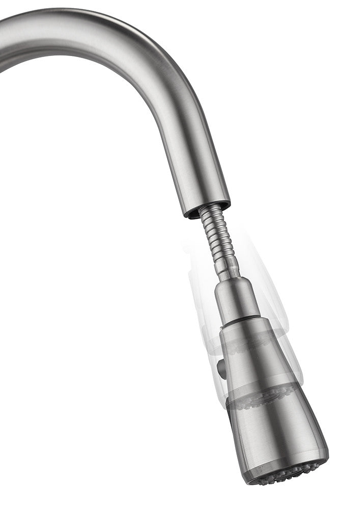 A close-up view of a stainless steel pull-out faucet head, showing the flexible hose and the head's ability to swivel. The faucet head is depicted against a plain white background.