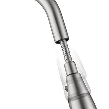 A close-up view of a stainless steel pull-out faucet head, showing the flexible hose and the head's ability to swivel. The faucet head is depicted against a plain white background.