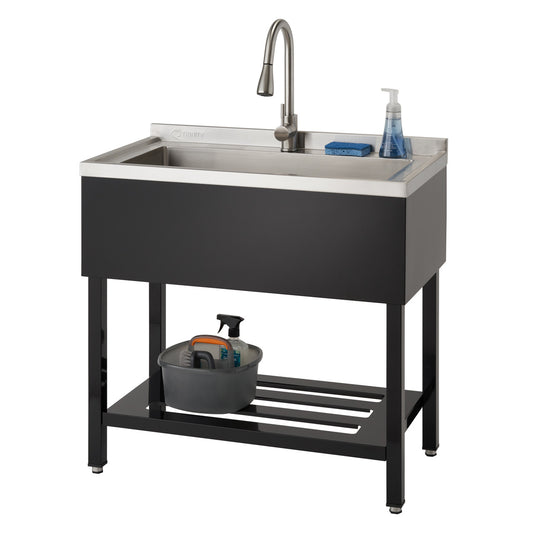 A stainless steel utility sink with a black base and a single faucet is shown against a white background. The sink has a small backsplash and a wire shelf underneath.