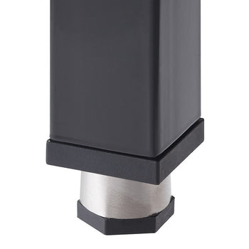 A close-up shot of a black metal table leg with a square profile. The leg features a silver, hexagonal foot and a black, square base.