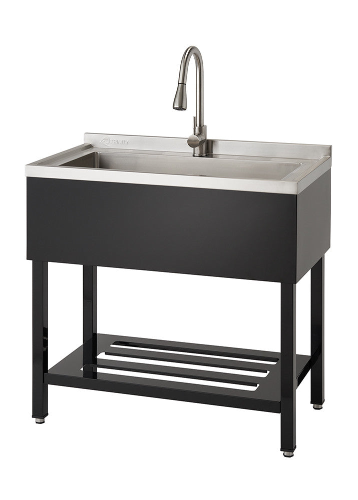 A freestanding stainless steel utility sink with a single bowl and a curved faucet is shown against a white background. The sink features a black base with a shelf at the bottom.