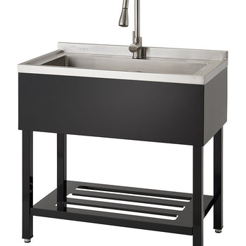 A freestanding stainless steel utility sink with a single bowl and a curved faucet is shown against a white background. The sink features a black base with a shelf at the bottom.