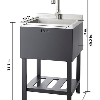 A utility sink with a stainless steel basin and faucet, and a dark black cabinet. The sink's dimensions are labeled: 33.8 inches tall to the top of the basin, 21.5 inches wide, and 22 inches deep. The basin itself is 16 inches wide, 18 inches deep, and 13 inches from its rim to the top of the faucet, with the total height including the faucet being 49.2 inches.