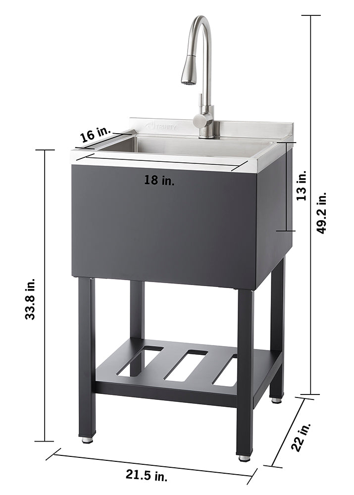 A utility sink with a stainless steel basin and faucet, and a dark black cabinet. The sink's dimensions are labeled: 33.8 inches tall to the top of the basin, 21.5 inches wide, and 22 inches deep. The basin itself is 16 inches wide, 18 inches deep, and 13 inches from its rim to the top of the faucet, with the total height including the faucet being 49.2 inches.