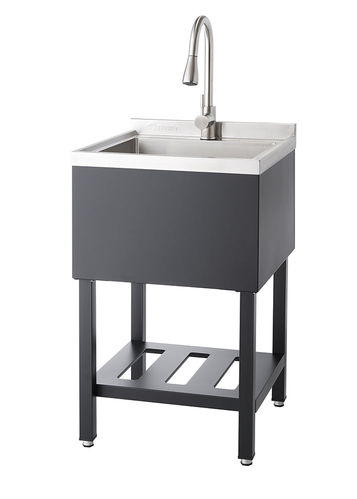 A utility sink with a brushed metal faucet stands on a dark gray metal frame with a slatted shelf at the bottom. The sink basin is stainless steel, and the cabinet surrounding it is a black matte.