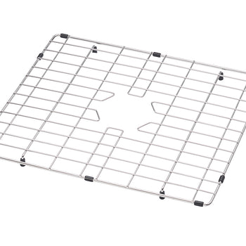 A stainless steel sink grid is shown from an overhead, slightly angled perspective. The grid has a cutout in the center, likely to accommodate a drain, and features black rubber feet protectors on its corners and along its edges.