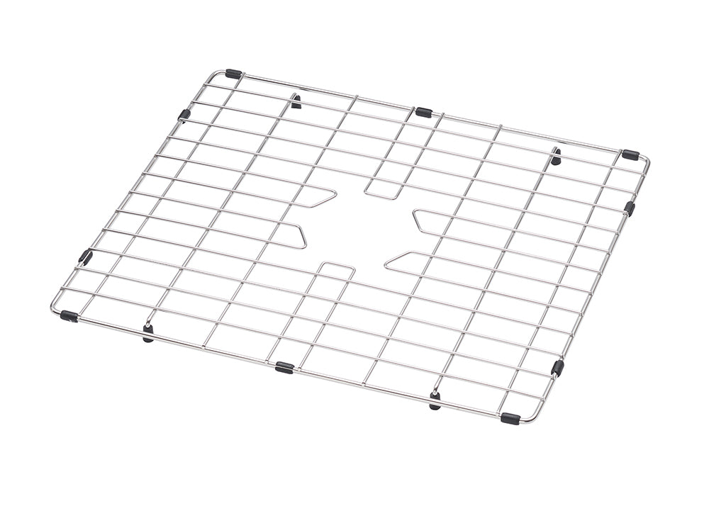 A stainless steel sink grid is shown from an overhead, slightly angled perspective. The grid has a cutout in the center, likely to accommodate a drain, and features black rubber feet protectors on its corners and along its edges.