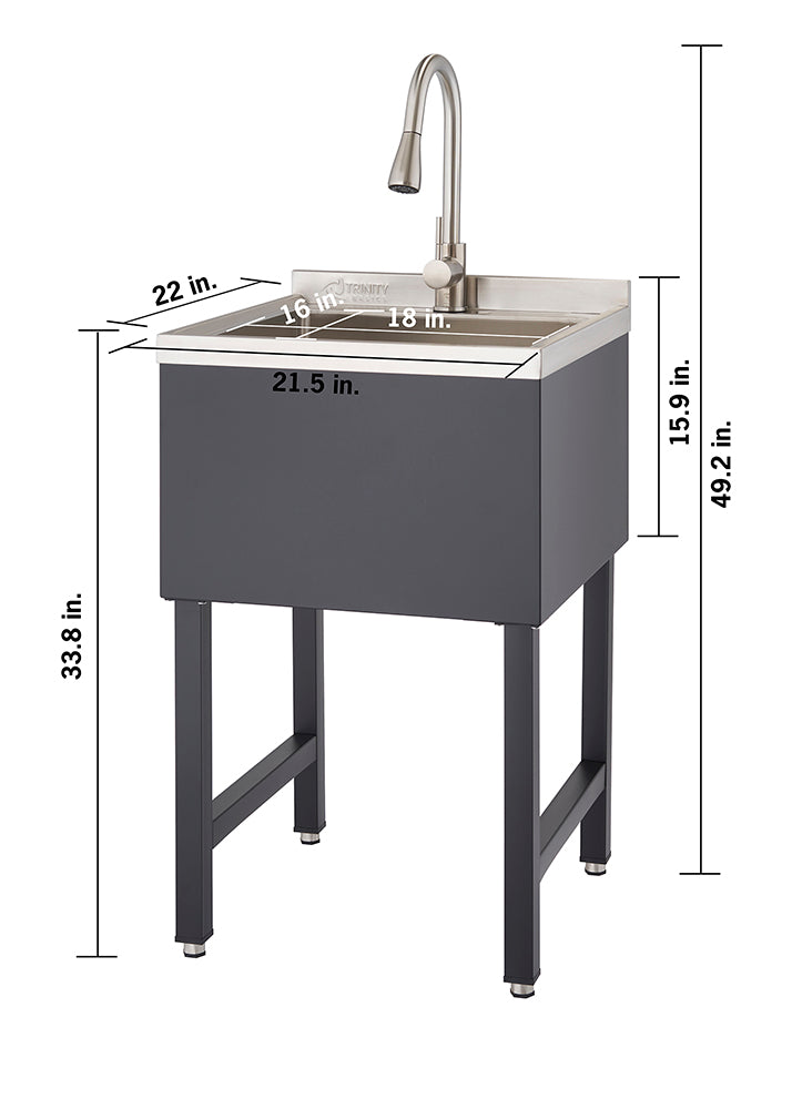 A stainless steel double-basin utility sink with a brushed nickel gooseneck faucet is shown with its dimensions. The sink unit has a dark gray cabinet base and four black metal legs with footpads, measuring 22 inches wide, 21.5 inches deep, and 33.8 inches high to the sink rim, with an overall height of 49.2 inches including the faucet.