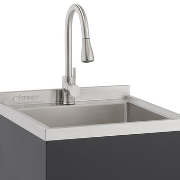 A modern stainless steel utility sink with a high-arc pull-down faucet is shown. The sink is integrated into a black cabinet, and the 