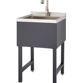 A standalone utility sink features a stainless steel basin with a modern, brushed nickel gooseneck faucet. The sink cabinet and sturdy square-leg base are a dark gray, providing a contemporary and functional design.