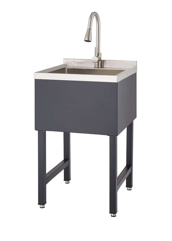 A standalone utility sink features a stainless steel basin with a modern, brushed nickel gooseneck faucet. The sink cabinet and sturdy square-leg base are a dark gray, providing a contemporary and functional design.