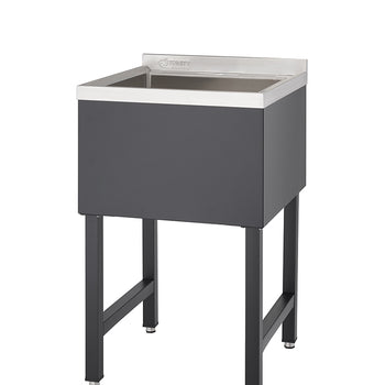 A freestanding, rectangular utility sink with a stainless steel basin and a dark grey exterior is shown. It stands on four black, square-profile legs with adjustable feet.