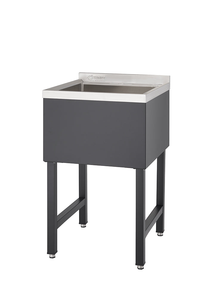A freestanding, rectangular utility sink with a stainless steel basin and a dark grey exterior is shown. It stands on four black, square-profile legs with adjustable feet.