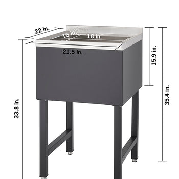 A freestanding utility sink with labeled dimensions is shown. The sink measures 22 inches deep, 21.5 inches wide, and 35.4 inches tall, with a basin depth of 15.9 inches and inner basin dimensions of 16 by 18 inches.