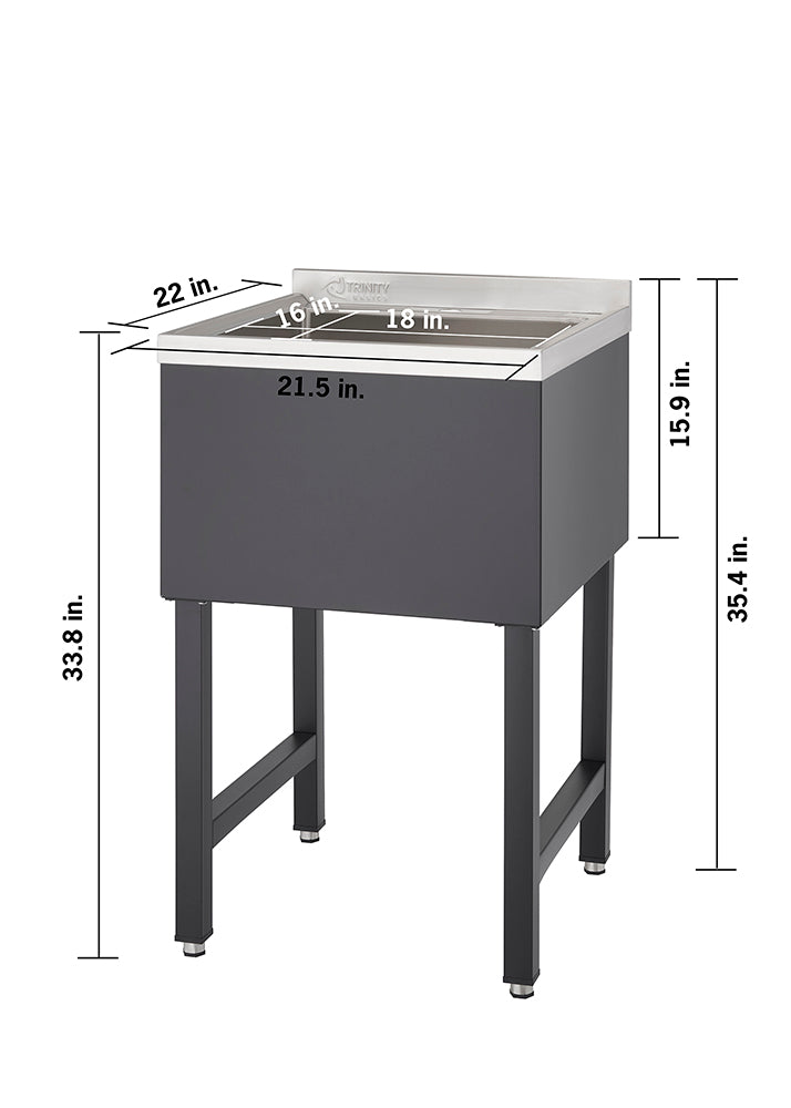 A freestanding utility sink with labeled dimensions is shown. The sink measures 22 inches deep, 21.5 inches wide, and 35.4 inches tall, with a basin depth of 15.9 inches and inner basin dimensions of 16 by 18 inches.