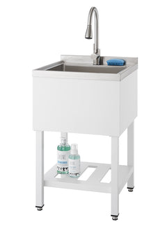 Évier utilitaire TRINITY | 18 x 16 x 13 | Évier utilitaire en acier inoxydable | NSF | Avec robinet extractible et grille d'évier | Blanc