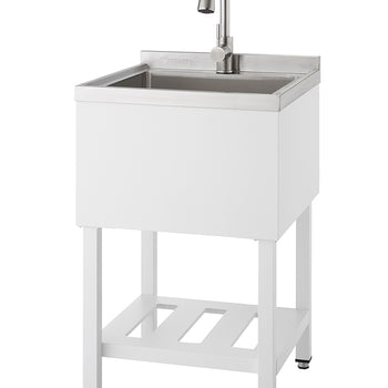 A freestanding white laundry utility sink with a stainless steel basin and a brushed nickel gooseneck faucet is shown from a frontal angle. The sink unit has an open shelf beneath the basin and stands on four legs with adjustable feet.