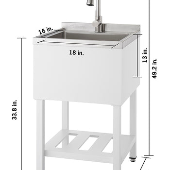 A front-facing view of a white utility sink with a stainless steel basin and faucet. Dimensions are annotated, showing the sink is 21.5 inches wide, 22 inches deep, and 49.2 inches tall to the top of the faucet, with the basin itself being 18 inches wide by 16 inches deep and 13 inches tall.
