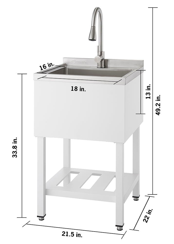 A front-facing view of a white utility sink with a stainless steel basin and faucet. Dimensions are annotated, showing the sink is 21.5 inches wide, 22 inches deep, and 49.2 inches tall to the top of the faucet, with the basin itself being 18 inches wide by 16 inches deep and 13 inches tall.
