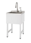 A utility sink with a stainless steel basin and faucet stands on white legs. A spray bottle rests on the small ledge behind the faucet.