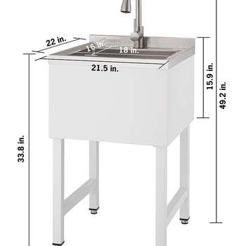 A front-facing view of a white utility sink with a stainless steel basin and a gooseneck faucet. The image includes various dimension labels, showing the sink's overall height of 49.2 inches, basin depth of 15.9 inches, and width of 21.5 inches.