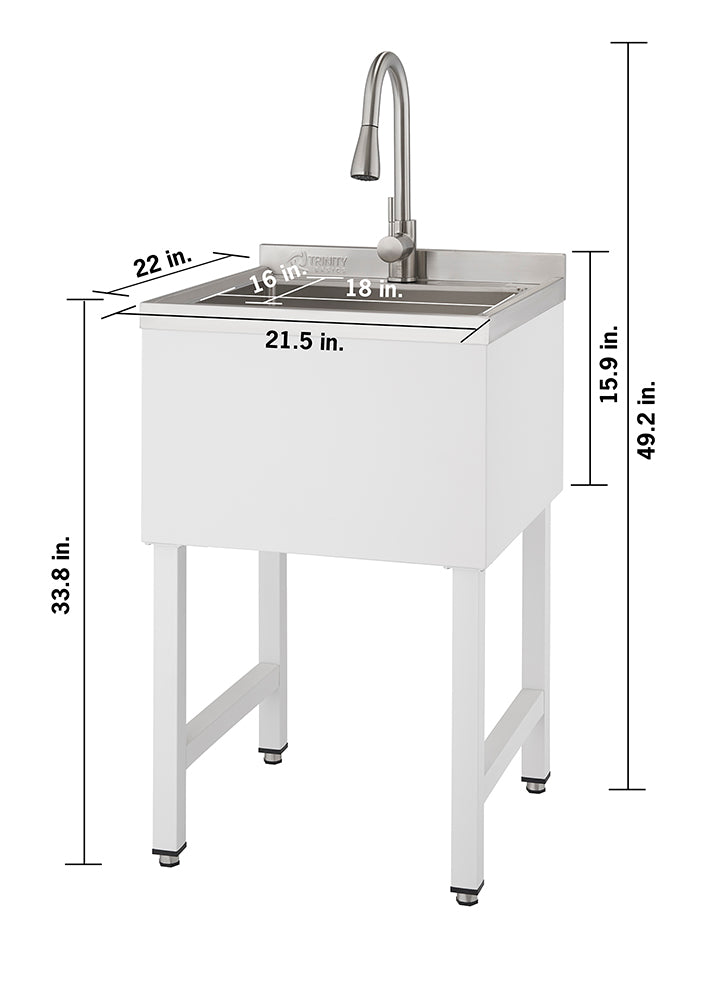 A front-facing view of a white utility sink with a stainless steel basin and a gooseneck faucet. The image includes various dimension labels, showing the sink's overall height of 49.2 inches, basin depth of 15.9 inches, and width of 21.5 inches.