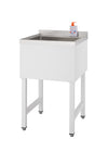 A modern, freestanding utility sink with a white cabinet and legs stands on a white background. A bottle of blue liquid soap with an orange pump is visible on the back ledge of the stainless steel sink basin.