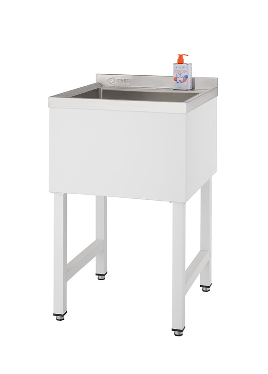 A modern, freestanding utility sink with a white cabinet and legs stands on a white background. A bottle of blue liquid soap with an orange pump is visible on the back ledge of the stainless steel sink basin.