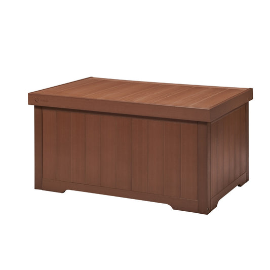 An amber brown, rectangular outdoor deck box with a horizontally slatted lid and vertically slatted sides is shown against a white background. The storage container appears to be made of wood-look plastic.