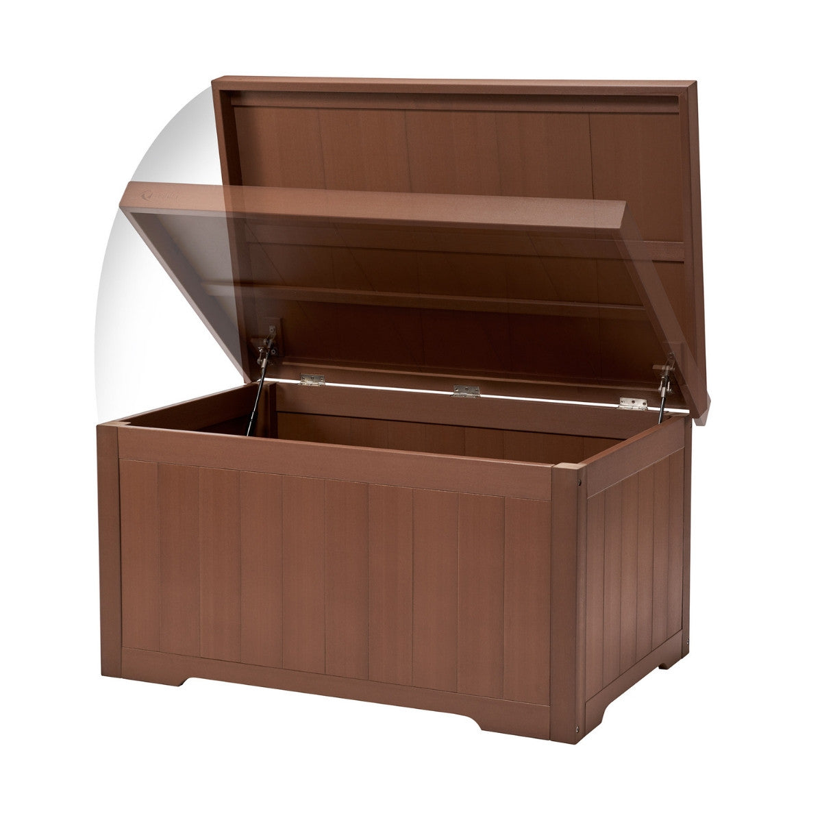 A brown, rectangular outdoor deck box with a hinged lid opening and closing motion of the deck box assisted by the air cylinder lifts. The box appears to be made of wood or a wood-like material with vertical paneling.