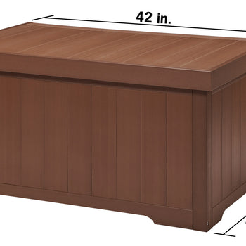 
A brown rectangular outdoor storage box with a wood-like texture is shown with its dimensions. The length is 42 inches, the height is 21 inches, and the width is 26.5 inches.