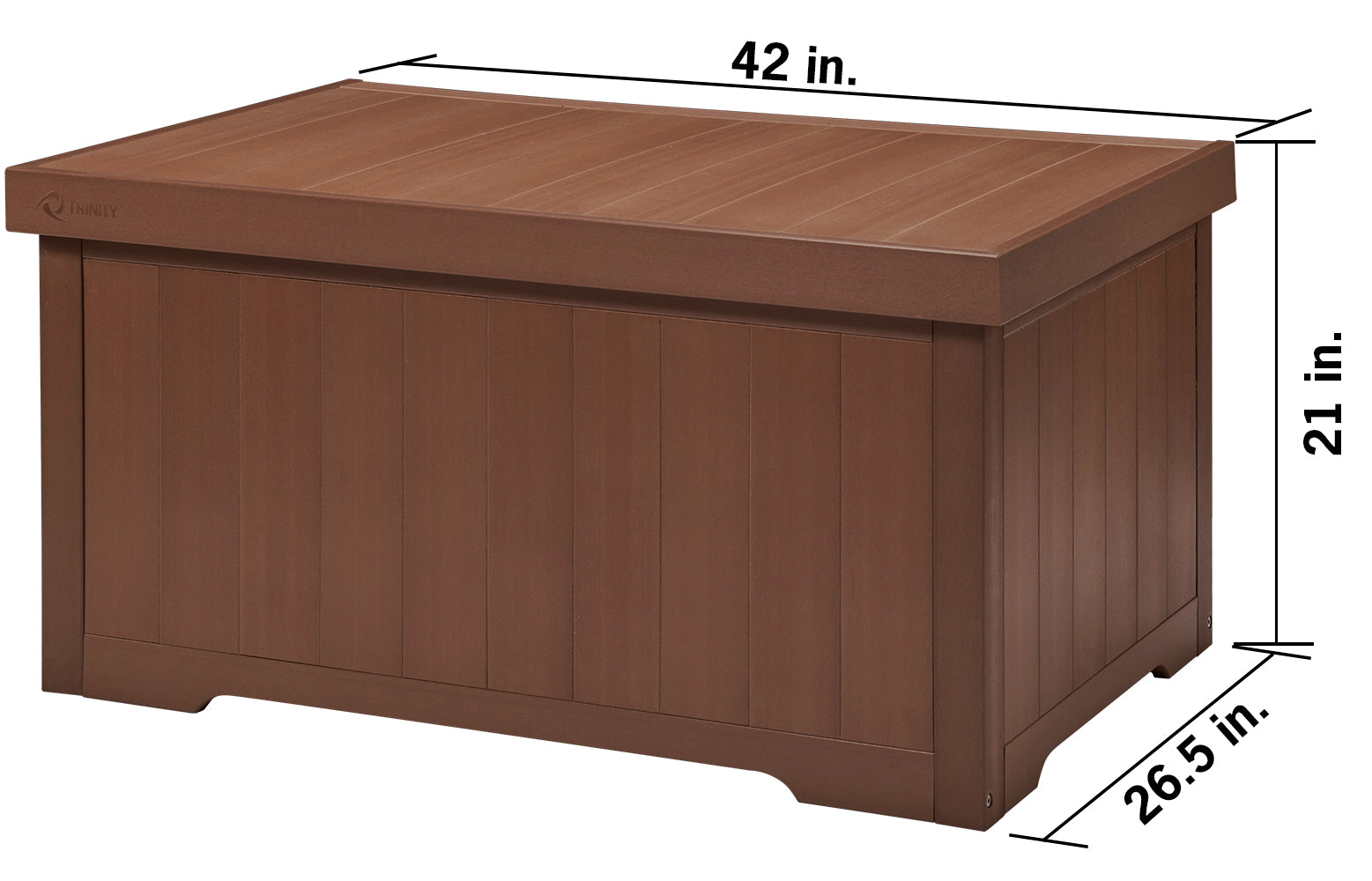 
A brown rectangular outdoor storage box with a wood-like texture is shown with its dimensions. The length is 42 inches, the height is 21 inches, and the width is 26.5 inches.