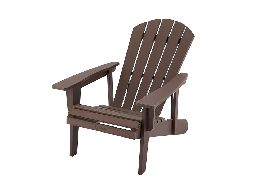 A espresso brown Adirondack chair is angled slightly to the left, showcasing its wide armrests, slatted back, and curved top. The chair appears to be made of durable plastic or composite material, suitable for outdoor use.