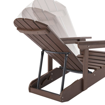 
A brown Adirondack chair is shown with its backrest reclining through multiple positions. The chair's back is supported by black metal adjustable mechanisms.