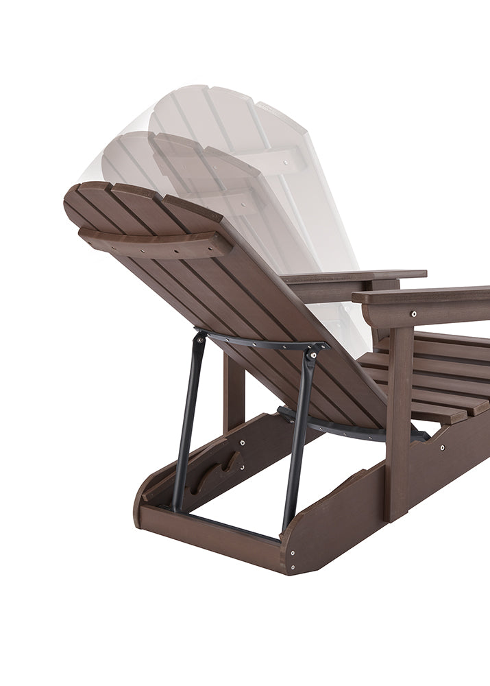 
A brown Adirondack chair is shown with its backrest reclining through multiple positions. The chair's back is supported by black metal adjustable mechanisms.