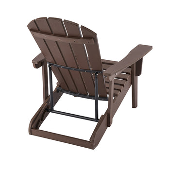 A brown Adirondack chair is viewed from slightly behind and to the right, showing its slatted back and seat, wide armrests, and sturdy, angled legs. A black metal frame supporting the backrest is visible from this angle.
