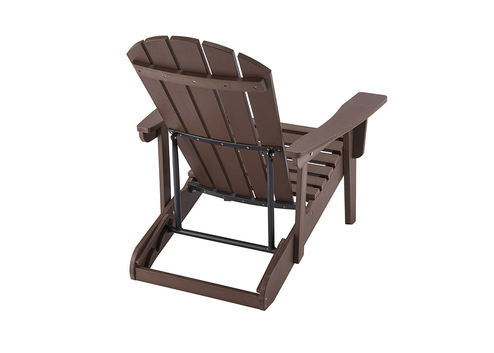 A brown Adirondack chair is viewed from slightly behind and to the right, showing its slatted back and seat, wide armrests, and sturdy, angled legs. A black metal frame supporting the backrest is visible from this angle.