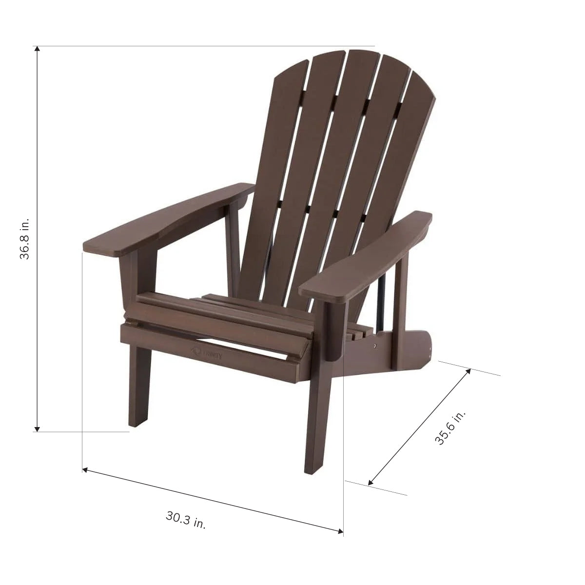 A brown, wood-textured Adirondack chair is shown at a three-quarter angle with dimension lines indicating its size. The diagram labels the chair as being 36.8 inches high, 30.3 inches wide, and 35.6 inches deep.