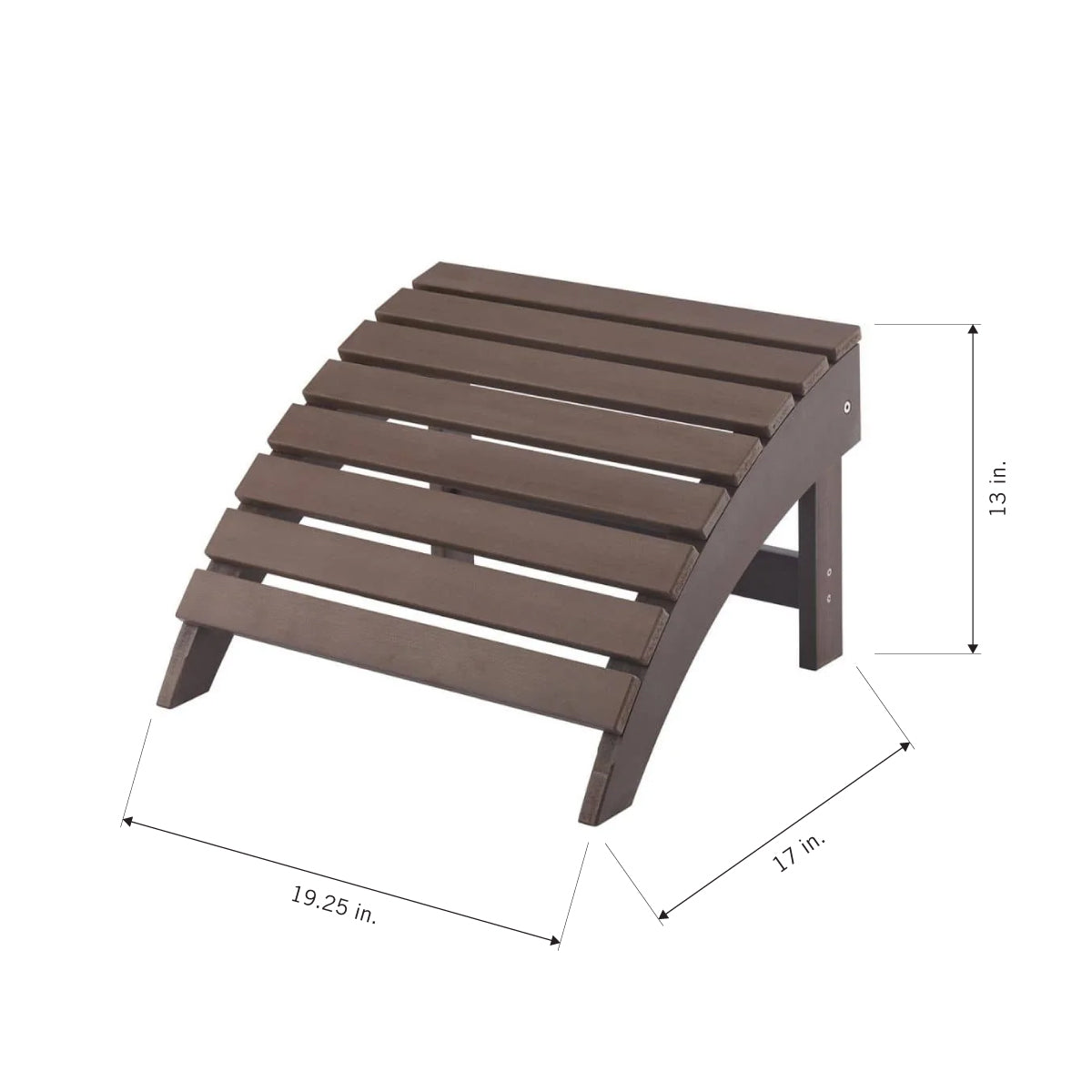 A dark brown, slatted wooden ottoman is shown at an angle, with its curved top sloping downwards from right to left. Dimensions are indicated by arrows: 13 inches in height, 17 inches in width, and 19.25 inches in depth.