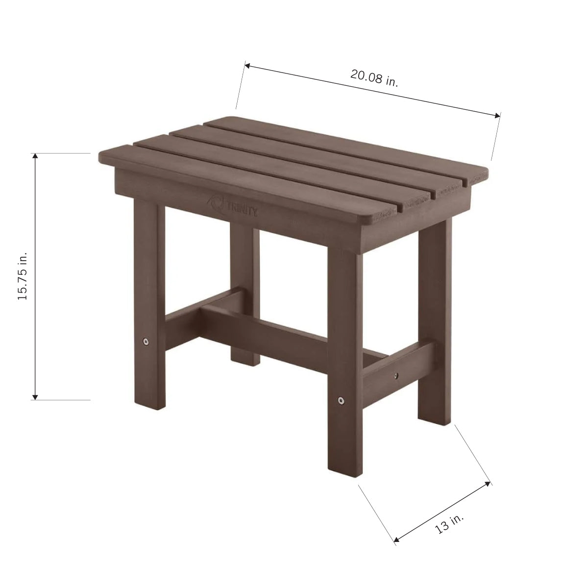 A brown, rectangular outdoor side table with a slatted top and the "TRINITY" logo etched on the side. Dimension lines indicate a width of 20.08 inches, a depth of 13 inches, and a height of 15.75 inches.