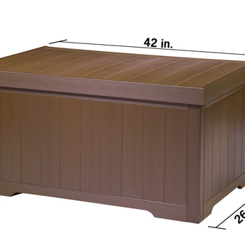 A brown outdoor storage box is shown with its dimensions labeled. The box is 42 inches long, 21 inches high, and 26.5 inches deep.