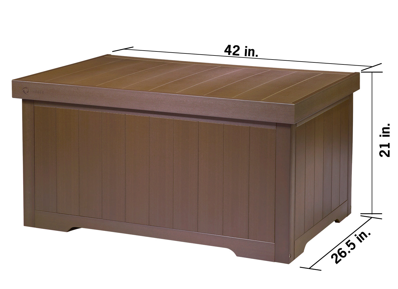 A brown outdoor storage box is shown with its dimensions labeled. The box is 42 inches long, 21 inches high, and 26.5 inches deep.