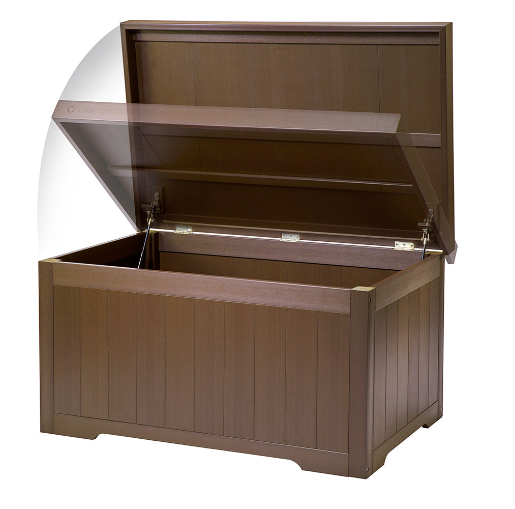 A rectangular, espresso brown wooden storage chest is shown with its lid partially open. The lid is supported by two hinges, revealing the empty interior of the chest.