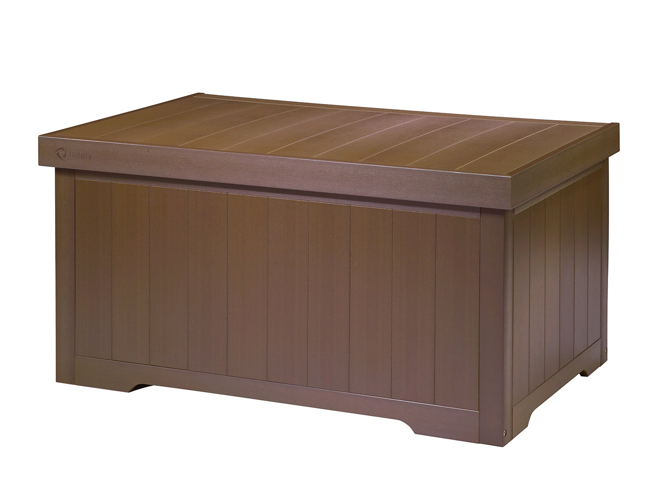 An espresso brown rectangular outdoor storage box with a wood-look texture on its lid and sides. The lid appears slightly darker than the body and has horizontal grooves, while the body has vertical paneling.