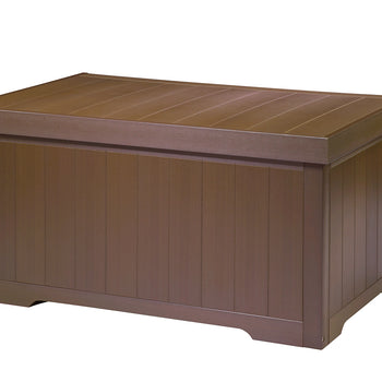 An espresso brown rectangular outdoor storage box with a wood-look texture on its lid and sides. The lid appears slightly darker than the body and has horizontal grooves, while the body has vertical paneling.