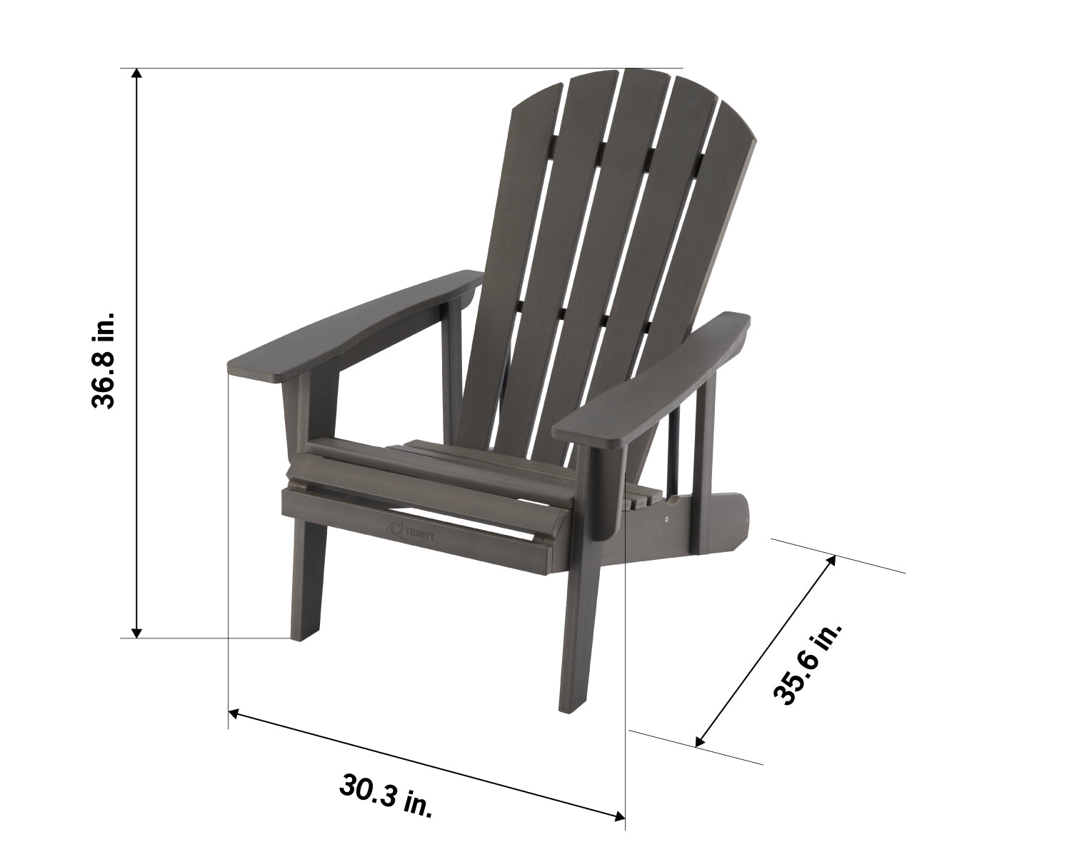 A dark gray wooden Adirondack chair is shown with its dimensions. The chair has a total height of 36.8 inches, a total width of 30.3 inches, and a total depth of 35.6 inches.