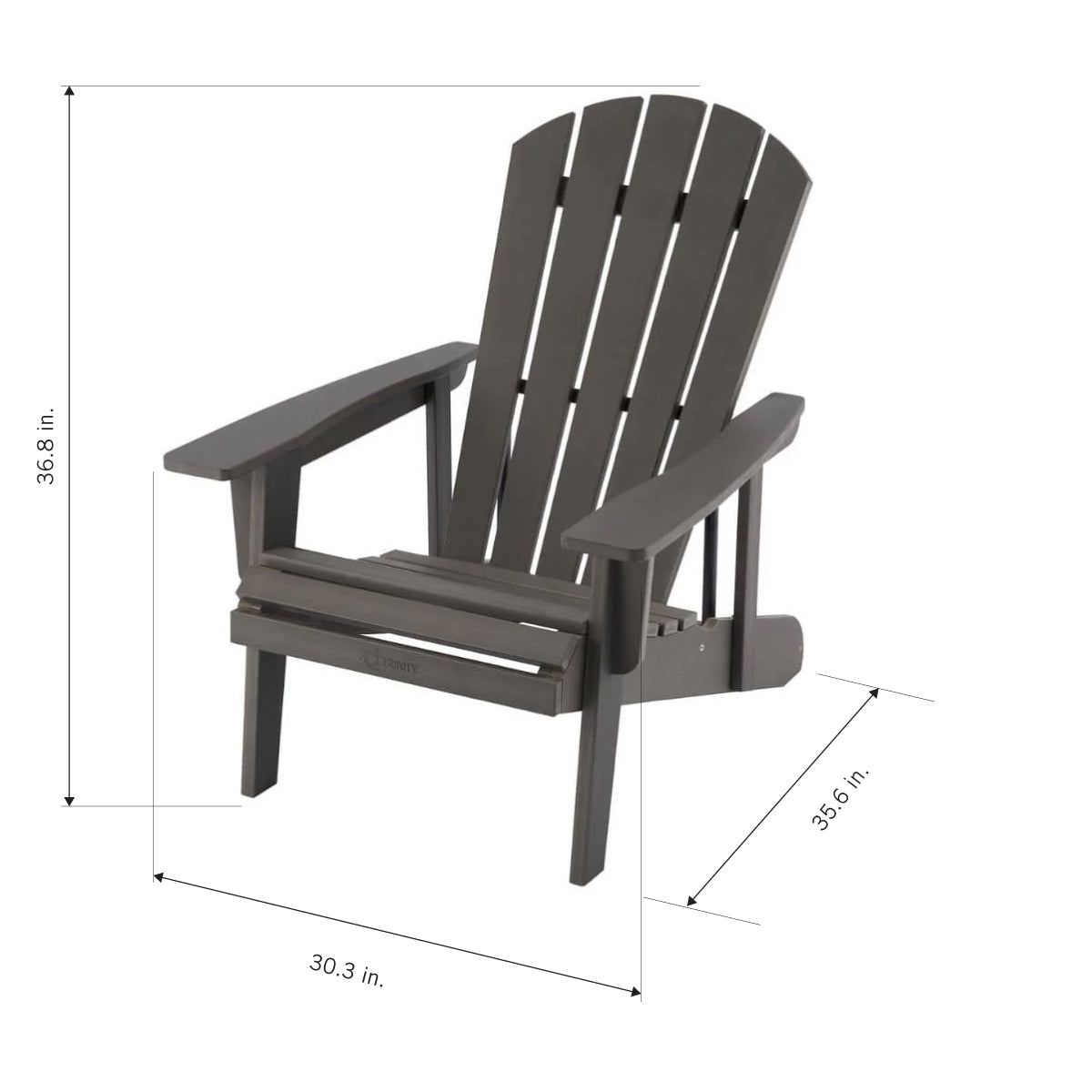 A dark gray Adirondack chair is shown from a three-quarter angle, featuring a slatted back and wide armrests. Black dimension lines indicate the chair's measurements: 36.8 inches in height, 30.3 inches in width, and 35.6 inches in depth.